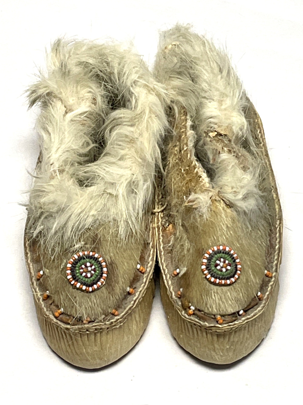 VTG Handmade Fur Moccasins Slippers Beaded Rosette Native American Style As-Is